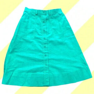 Vintage 1970's green cotton button front with pockets  A-line Skirt